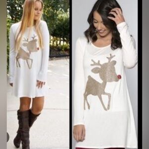 Mon Ami Grey Long Sleeve Dress w/ Glitter Rudolph Reindeer Design (Grey)
